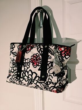 Coach Floal Poppy Tote in White, Black & Red W/hangtags (Dice Sold Seperately)